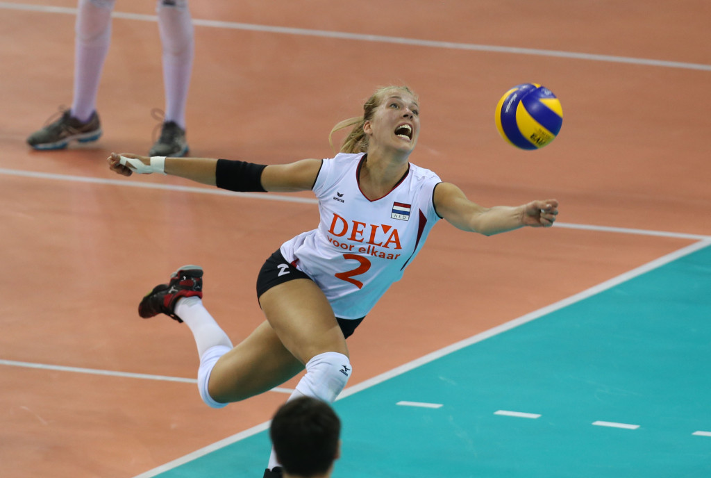 Femke Stoltenborg of Netherlands saves the ball with tremendous dig